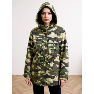 Miss London Camo Anorak Jacket Womens Medium Military Hooded Drawstring Utility